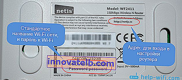 Standardadgangskode, SSID og adresse til Netis-routerindstillingerne